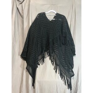 LTV Imports Black Crochet Knit Poncho Fringed  Shawl Wrap One Size